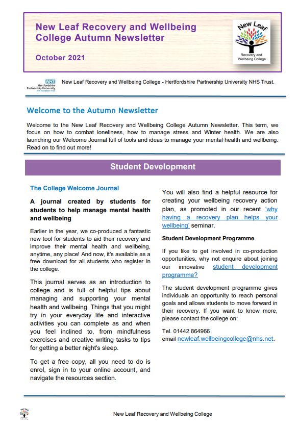 New Leaf Recovery and Wellbeing College Autumn Newsletter